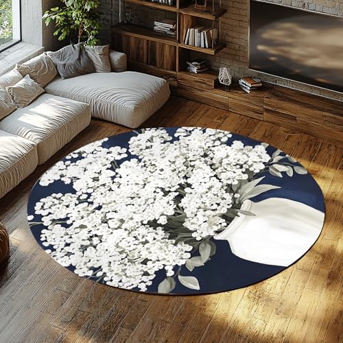 UERWOWELL Marineblaue runde Teppiche Elegante Florale Ästhetik weiße Vase & Blumenmuster niedriger Florteppich für Wohn-Esszimmer-Schlafzimmer Küche 140cm von UERWOWELL
