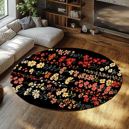 UERWOWELL Mehrfarbige Blumenküche 240cm Runde Teppiche Blumen & Pflanzen im Landhausstil Druck Niederflor-Bodenmatte für Wohnzimmer Schlafzimmer waschbar von UERWOWELL