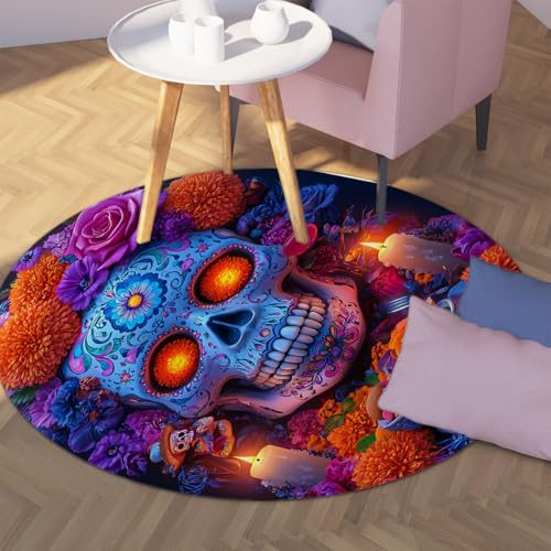 UERWOWELL Mexikanischer Stil 160cm - Runder Teppich Day of The Dead Skull Blumen Kerzenlicht Dinner Muster Weicher waschbarer Teppich mit niedrigem Flor für den Eingang ins Wohnzimmer UERWOWELL Mexikanischer Stil 160cm - Runder Teppich Day of The Dead Skull Blumen Kerzenlicht Dinner Muster Weicher waschbarer Teppich mit niedrigem Flor für den Eingang ins Wohnzimmer von UERWOWELL