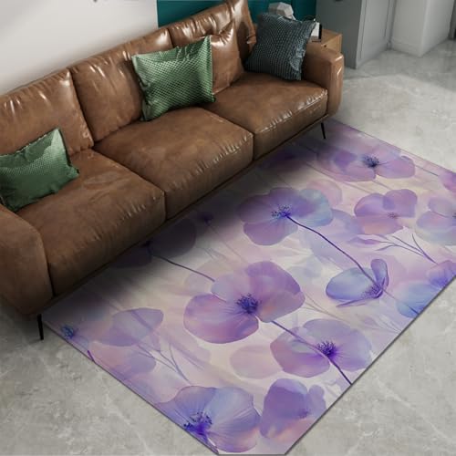 UERWOWELL Mode Blumen Bereich Teppiche 180x250cm Waschbar Lila Transparent Blumenmuster Dünne Bodenmatte für Schlafzimmer Wohnzimmer Sofa von UERWOWELL