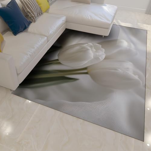 UERWOWELL Mode Blumen Läufer Teppiche Eleganter Weißer Tulpendruck Niederflor Teppich für Mädchen Schlafsaal Wohnzimmer Schlafzimmer Gemütlich Waschbar rutschfest 150x200cm von UERWOWELL