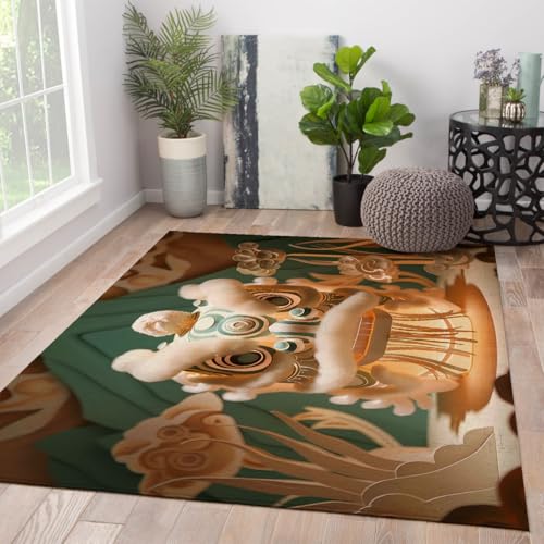 UERWOWELL Moderner Löwe Tanz Bereich Teppich 60x90cm Chinesischer Stil Kreative Kultur Kunst Muster Dünne Fußmatten für Wohnzimmer Flur Waschbar rutschfest von UERWOWELL