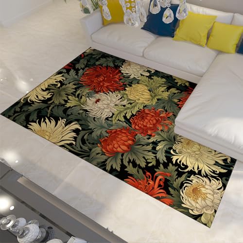 UERWOWELL Morris Stil Teppiche Blumen Waschbare Teppiche Chrysantheme Dekor Blumenteppich Boho Teppiche für Wohnzimmer Vintage Eingangstür Matte 60x90cm von UERWOWELL
