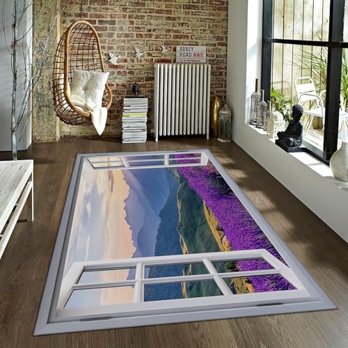UERWOWELL Natur Fenster Blick Teppich mit Lavendel und Bergen Rustikaler Blumenteppich mit niedrigem Flor Waschbare rutschfeste Matte für Balkon Home Decor 80x150cm von UERWOWELL
