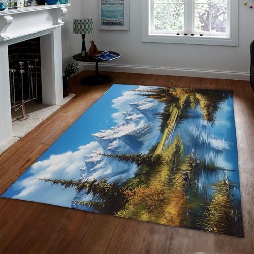 UERWOWELL Natur Landschaft Abwaschbare Teppiche Schneebedeckte Gipfel Kiefer Wald See Reflexion Druck Boden Teppich Wohnzimmer Arbeitszimmer Schlafzimmer Büro Kabine 180x270cm von UERWOWELL