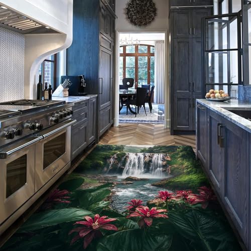 UERWOWELL Natur Landschaft Teppiche Mystisch Dschungel Dichtes Grün Laub Rote Blumen Wasserfall Dünner Teppich Wohnzimmer Arbeitszimmer Schlafzimmer Terrasse 120x240cm von UERWOWELL