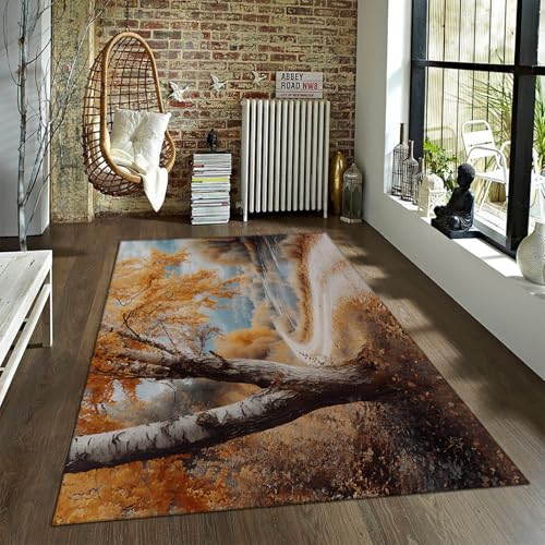 UERWOWELL Natur Szene Teppiche rutschfeste Dünne Türmatte Herbst Goldener Wald Straße mit Flussmuster Teppich für Wohnzimmer Arbeitszimmer Klassenzimmer 100x150cm von UERWOWELL