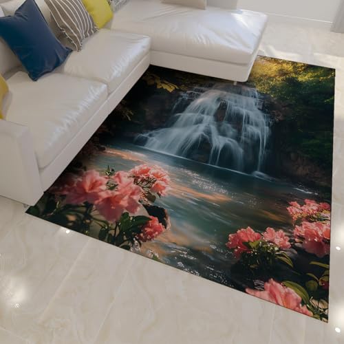 UERWOWELL Niederflorige waschbare Teppiche Rosa Blumen & Wasserfall Landschaft Großer Bodenteppich für Wohnzimmer Nachttisch Tropischer Wald Wohnkultur 100x150cm UERWOWELL Niederflorige waschbare Teppiche Rosa Blumen & Wasserfall Landschaft Großer Bodenteppich für Wohnzimmer Nachttisch Tropischer Wald Wohnkultur 100x150cm von UERWOWELL