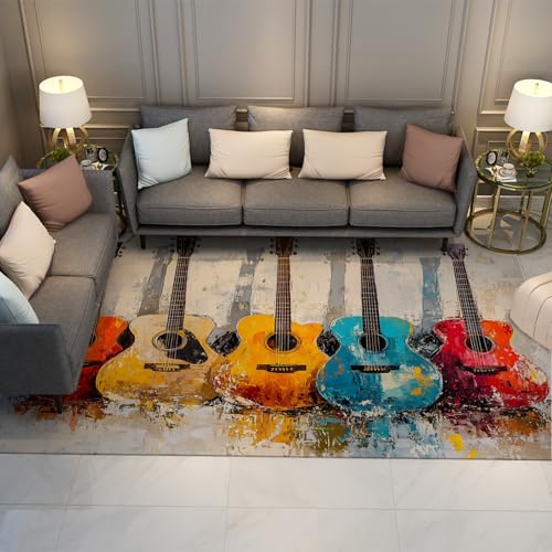 UERWOWELL Niederfloriger waschbarer Teppich Bunte Gitarre Shabby Chic rutschfeste Fußmatten für Klassenzimmer Wohnzimmer Studio Music Lover Home Decor 180x200cm von UERWOWELL