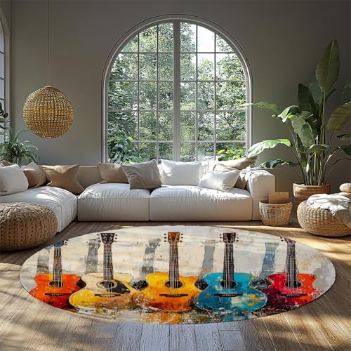 UERWOWELL Niederfloriger waschbarer runder Teppich 90cm Bunte Gitarre Shabby Chic Fußmatten für Klassenzimmer Wohnzimmer Studio Music Lover Home Decor von UERWOWELL