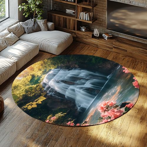 UERWOWELL Niedrigflorige waschbare Teppiche Rosa Blumen & Wasserfall Landschaft Großer runder Teppich für Wohnzimmer Nachttisch Tropischer Wald Wohnkultur 120cm UERWOWELL Niedrigflorige waschbare Teppiche Rosa Blumen & Wasserfall Landschaft Großer runder Teppich für Wohnzimmer Nachttisch Tropischer Wald Wohnkultur 120cm von UERWOWELL