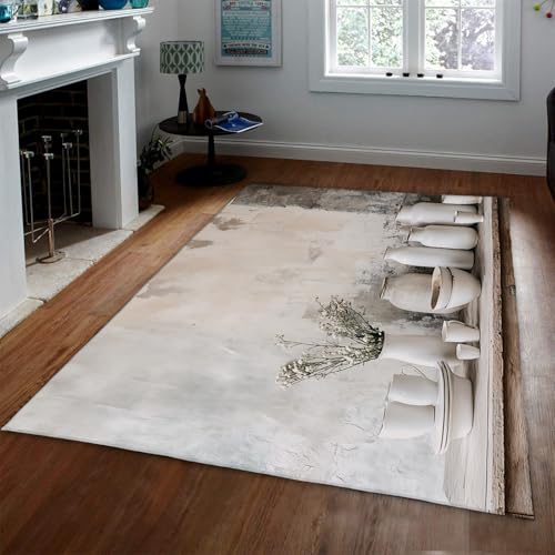 UERWOWELL Nostalgie Großer Teppich Landhausstil Gealterte Wand & getrocknete Blüten & weiße Keramikgefäße Muster Dünne Teppiche für Bauernhaus Flur 150x200cm von UERWOWELL