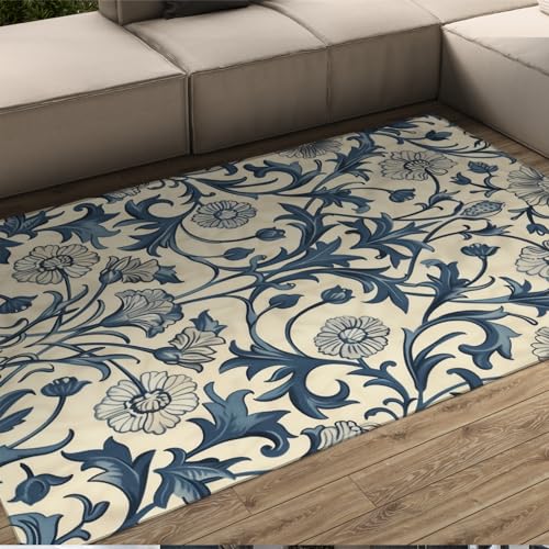 UERWOWELL Nostalgie Waschbare Teppiche Rutschfester Boho Teppich Blau Blumen Vintage Teppich für Schlafzimmer Küche Fußmatte Bauernhaus Türmatte Teppiche 140x220cm von UERWOWELL