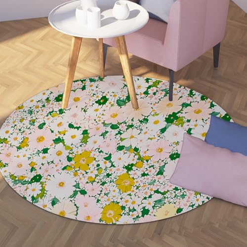 UERWOWELL Nostalgisch Blumen 150cm Runde Teppiche Ethnischer Stil Erfrischende Blumen Niederflorteppich für Wohnzimmer Schlafzimmer Spielzimmer Waschbar Faltbar von UERWOWELL