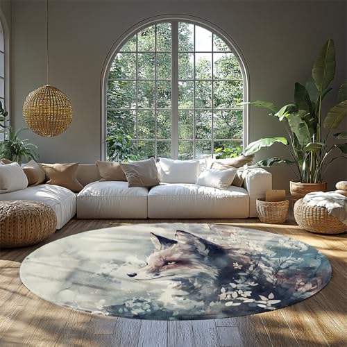 UERWOWELL Nostalgischer Stil Runde Teppiche 160cm Hübscher Fuchs Muster Low Flor Kreis Teppich für Wohnzimmer Sofa Nachttisch Indoor Outdoor Weich waschbar von UERWOWELL