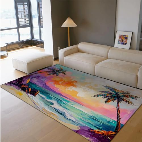 UERWOWELL Ölgemälde Stil Dünner Teppich Lebendige Palmen Strand Landschaft rutschfeste Fußmatten für Wohnzimmer Schlafzimmer Entspannende Wohnkultur 120x180cm von UERWOWELL
