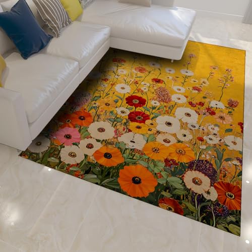 UERWOWELL Ölgemälde Stil Großflächiger Teppich Garten Blumen & Pflanzen Druck Dünne Fußmatten für Wohnzimmer Schlafzimmer Terrasse Waschbar rutschfest 140x220cm von UERWOWELL