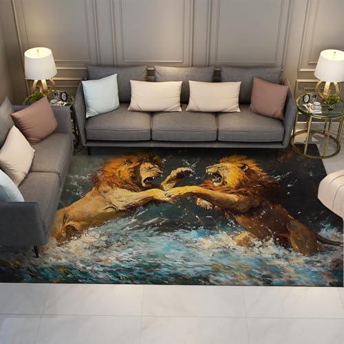 UERWOWELL Ölgemälde Stil Teppiche Kampf Löwen im Wassermuster Niederflor Teppich für Wohnzimmer Konferenzraum Büro faltbar und tragbar 60x90cm von UERWOWELL