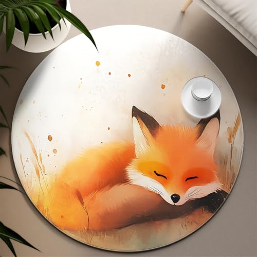 UERWOWELL Orange Fuchs Runde Teppiche 180cm Niedlicher schlafender Fuchs Muster Dünner Kreis Teppich für Wohnzimmer Kinderzimmer Sofa Nachttisch Eingang Weich waschbar von UERWOWELL
