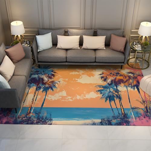 UERWOWELL Orange Himmel Dünner Teppich Lebendige Palmen Blau Ozean Landschaft rutschfeste Fußmatten für Wohnzimmer Schlafzimmer Entspannen Wohnkultur 180x200cm von UERWOWELL