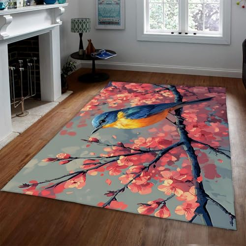 UERWOWELL Orientalische Vogel- und Blumenteppiche für das Wohnzimmer Rosa Blüte & Elster Muster rutschfeste Bodenmatte für Schlafzimmer Natur inspiriert Dekor 80x150cm von UERWOWELL