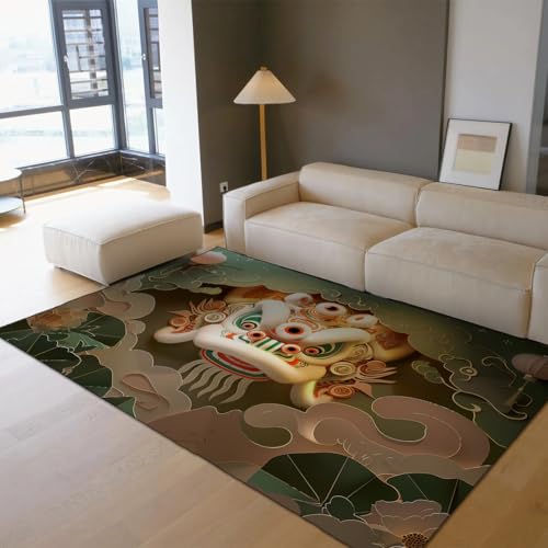 UERWOWELL Orientalischer Kunstbereich Teppich 120x200cm Chinesisches traditionelles Löwentanzmuster Dünne Fußmatten für Esszimmer Lounge Eingangsbereich Waschbar rutschfest von UERWOWELL