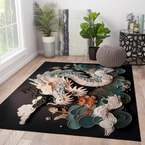UERWOWELL Orientalischer Kunstbereich Teppich 60x90cm Chinesischer Stil Drachen und Lotusmuster dünne Fußmatten für Wohn-Esszimmer-Flur waschbar rutschfest von UERWOWELL