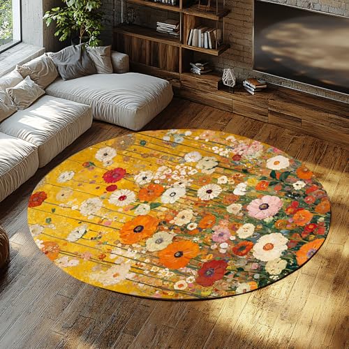 UERWOWELL Rasen & Garten Großer runder Teppich 150cm Impressionismus Stil Blumenfeld Druck Dünne Fußmatten für Wohnzimmer Schlafzimmer Nachttisch Waschbar von UERWOWELL