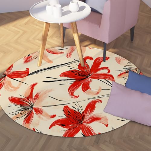 UERWOWELL Red Lily 240cm Runder Teppich Romantische orientalische Florale Ästhetik niedrigflorige Fußmatten für Wohn-Arbeitszimmer Schlafzimmer Kein Verschütten von UERWOWELL