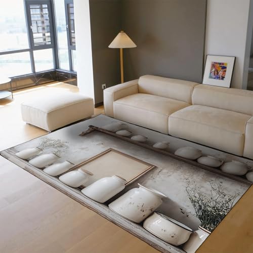 UERWOWELL Retro Ästhetik Großer Teppich Landhausstil Rahmen & weiße Keramikgefäße & Trockenblumenmuster Dünne Teppiche für Bauernhaus Küche 160x220cm von UERWOWELL