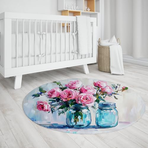 UERWOWELL Romantische Blumen Kreis Teppiche Impressionist Rose Vase Print Dünner Teppich für Schlafzimmer Wohnzimmer Spielzimmer Gemütlich waschbar rutschfest 160cm von UERWOWELL