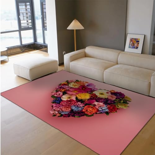 UERWOWELL Romantische Blumen Teppich Bunt Blumen Herz Form Druck Innen Dünne Teppiche Für Mädchen Schlafsaal Wohnzimmer Schlafzimmer rutschfest Waschbar 140x220cm von UERWOWELL