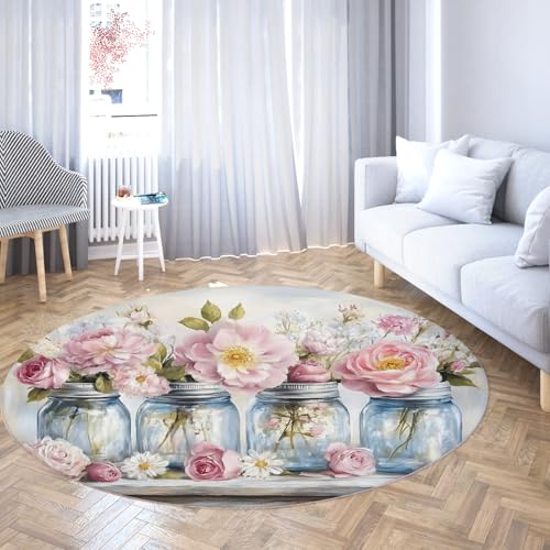 UERWOWELL Romantische Florale runde Teppiche Pastoralstil Gläser mit rosa Rosenstrauß Print dünner großer Teppich für Badezimmer Wohnzimmer 180cm UERWOWELL Romantische Florale runde Teppiche Pastoralstil Gläser mit rosa Rosenstrauß Print dünner großer Teppich für Badezimmer Wohnzimmer 180cm von UERWOWELL