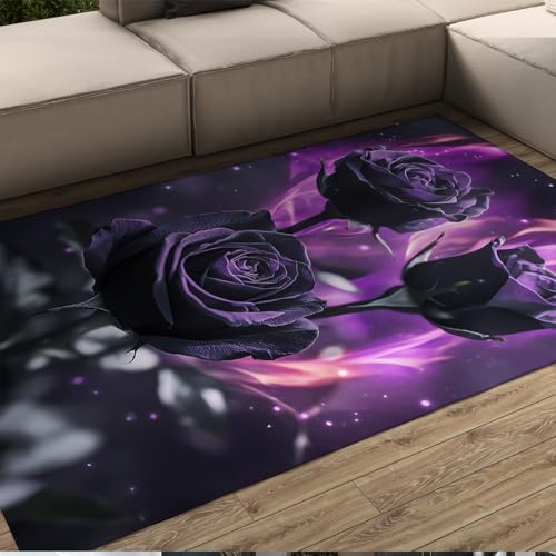 UERWOWELL Romantische Rosen Dünner Teppich Traumhaft Lila Aurora Print Indoor Outdoor Boden Teppiche für Wohnzimmer Schlafzimmer Schlafsaal rutschfest waschbar 90x180cm von UERWOWELL