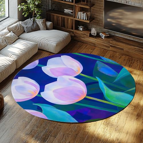 UERWOWELL Rosa Tulpe 90cm Runder Teppich Buntes Aquarell Blumen Art Chic Tulpe Muster Dünne Fußmatten für Wohnzimmer Schlafzimmer Eingangsbereich von UERWOWELL