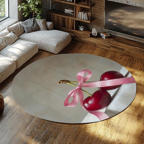 UERWOWELL Rote Kirsche Runde Teppiche 90cm Realistischer Stil Rosa Band Obst Stillleben Druck Dünner Kreis Teppich für Esszimmer Küche Fußmatten von UERWOWELL