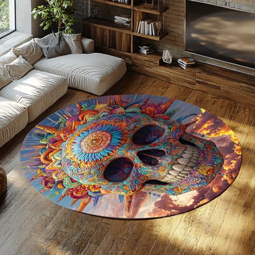 UERWOWELL Runde Teppiche im Boho-Stil 180cm Lebendiger Zuckerschädel-Muster-Teppich Waschbar Weicher niedriger Flor Tragbarer Faltbarer Wohnraum Schlafzimmer Dekor von UERWOWELL