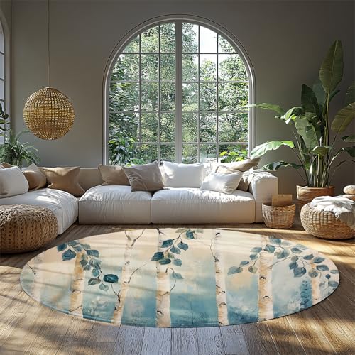 UERWOWELL Runde Teppiche im nordischen Stil 90cm mit Gummirücken waschbar Blauer und cremefarbener Birkenwald-Wald-Print-Teppich mit niedrigem Flor für das Wohnarbeitszimmer UERWOWELL Runde Teppiche im nordischen Stil 90cm mit Gummirücken waschbar Blauer und cremefarbener Birkenwald-Wald-Print-Teppich mit niedrigem Flor für das Wohnarbeitszimmer von UERWOWELL