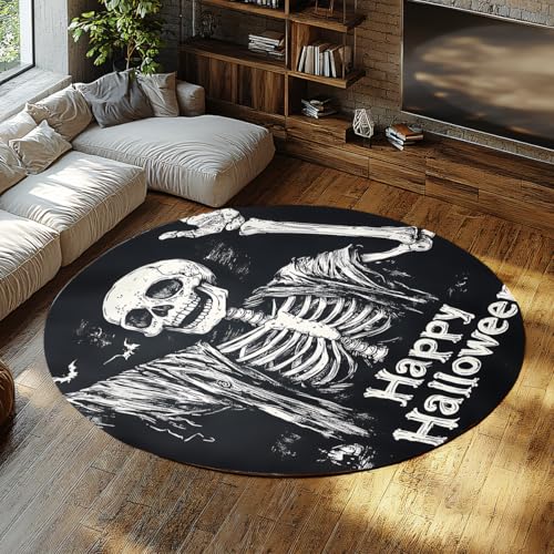 UERWOWELL Runder Teppich im Halloween-Stil 240cm Schwarz und Weiß Gothic-Stil Skelettmuster Innenteppich Waschbar Weich Dünn für Wohnzimmer Schlafzimmer von UERWOWELL