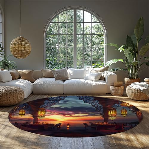 UERWOWELL Runder Teppich im exotischen Stil niedriger Flor waschbar am Meer Sonnenuntergang & Vintage Laternen & Tische Muster Teppich für Wohnzimmer Restaurant 160cm von UERWOWELL