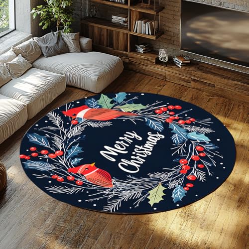 UERWOWELL Runder Teppich im nordischen Stil Frohe Weihnachten Rote Stechpalmen Beeren und Vögel Muster Gemütliche waschbare dünne Fußmatten für Wohnzimmer Schlafzimmer 150cm UERWOWELL Runder Teppich im nordischen Stil Frohe Weihnachten Rote Stechpalmen Beeren und Vögel Muster Gemütliche waschbare dünne Fußmatten für Wohnzimmer Schlafzimmer 150cm von UERWOWELL