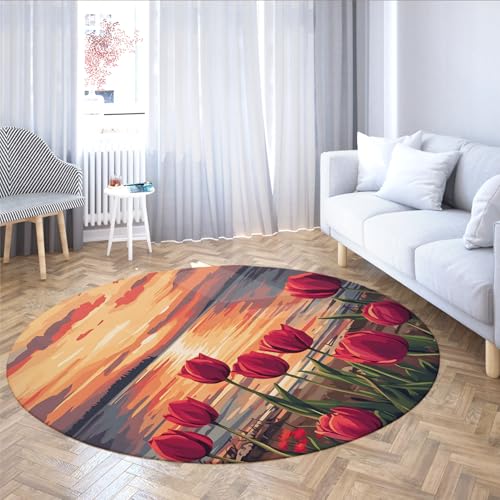 UERWOWELL Rutschfester dünner runder Teppich rote Tulpe & Sonnenuntergang Landschaft große Teppiche für Wohnzimmer Schlafzimmer Nachttisch waschbar romantische Wohnkultur 150cm von UERWOWELL