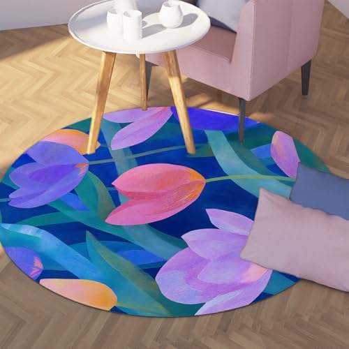 UERWOWELL Schicke Orchideen 160cm Runder Teppich Boho Stil Aquarell Blumen Kunst Mehrfarbige Tulpen Muster Dünne Fußmatten für Wohnzimmer Schlafzimmer von UERWOWELL