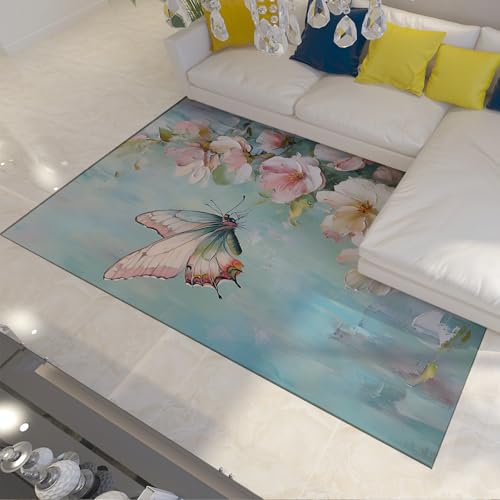 UERWOWELL Schmetterling Floral Großer Teppich Low Pile Lärmreduzierung Weiche Bequeme Teppiche Rutschfestes Design für Wohnzimmer Schlafzimmer Foyer 80x150cm von UERWOWELL