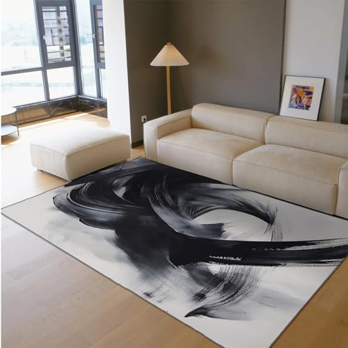 UERWOWELL Schwarz & Weiß Dünner Bereich Teppich Abstrakte Kunst Tinte Stil Indoor Outdoor Boden Teppiche für Wohnzimmer Schlafzimmer Studio rutschfest waschbar 140x220cm von UERWOWELL