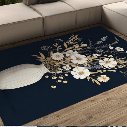 UERWOWELL Schwarzer Hintergrund Boden Teppiche Mode Blume Arrangement Kunst Rutschfester Dünner Teppich Für Wohnzimmer Arbeitszimmer Schlafzimmer Büro Balkon 140x220cm von UERWOWELL