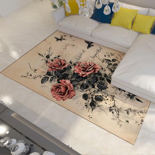 UERWOWELL Shabby Chic Area Teppiche 60x120cm waschbare dünne Fußmatte mit schwarzem Schmetterling und rosa Rosendruck für Schlafzimmer Wohnzimmer Klassenzimmer von UERWOWELL