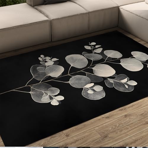 UERWOWELL Skandinavischer schwarzer botanischer Teppich mit weißen Blättern passt zu einem langlebigen Teppich mit rutschfesten Eigenschaften für den Küchenflur 60x120cm von UERWOWELL