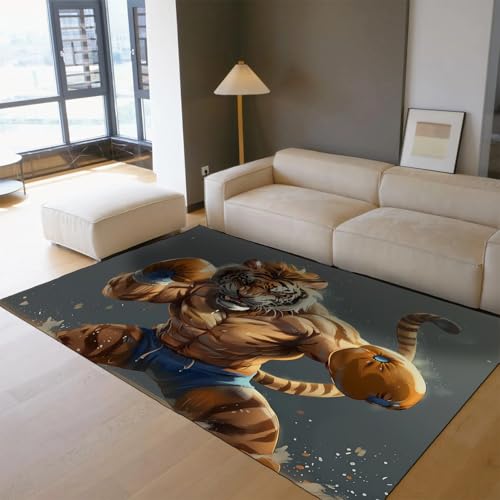 UERWOWELL Sportthema 150x200cm Bereich Teppich Hübsches Boxen Tiger Muster Dünne Fußmatten für Wohnzimmer Schlafzimmer Spielzimmer Fitnessraum Stadion Waschbar rutschfest von UERWOWELL