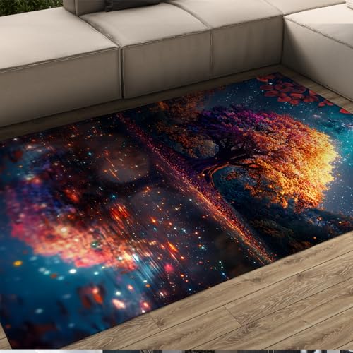 UERWOWELL Sternennacht Reflexion Teppiche Der magische Baum des Lebens der Natur Wasserdrucke Dünner Teppich Wohnzimmer Waschküche Schlafzimmer Flur 150x240cm von UERWOWELL
